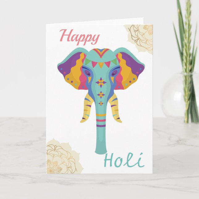Happy Holi farbenfroher Elefant mit Golden Mandala Karte (Vorderseite)