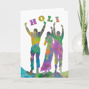 Happy Holi, Silhouetten von Menschen und Farben Feiertagskarte