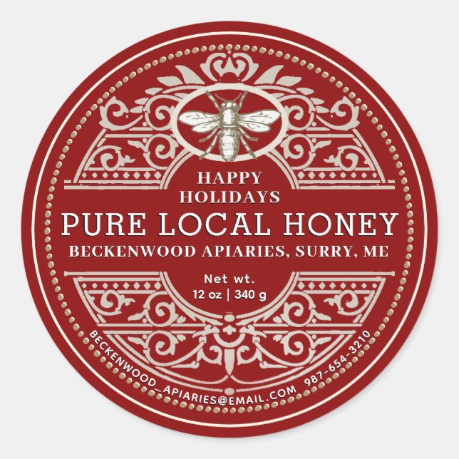 Happy Holiday APIARY Verziert Honey Label Red Runder Aufkleber (Vorderseite)