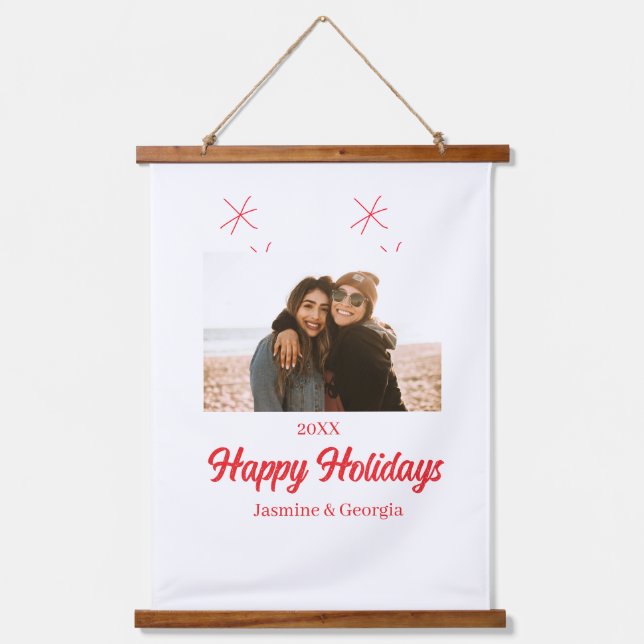 Happy Holiday Girls Familiengeschenke Foto Weihnac Wandteppich Mit Holzrahmen (Vorderseite)