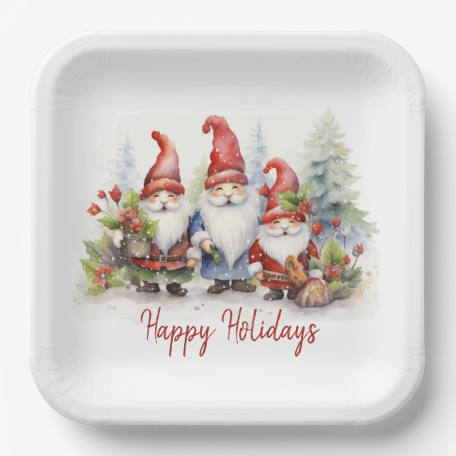 Happy Holiday Gnomes in Snowflakes Pappteller (Vorderseite)