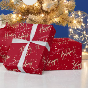 Happy Holiday Golden Script Individuelle Name Rote Geschenkpapier