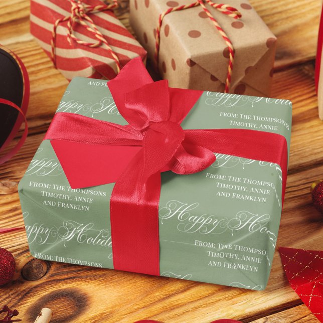 Happy Holiday Green Script Personalisiert Geschenkpapier (Happy Holidays Custom wrapping paper. )