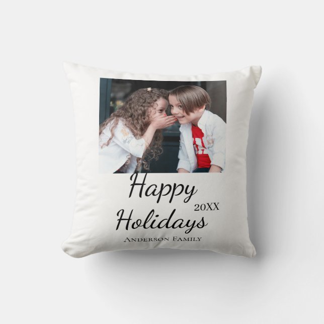 Happy Holiday Kinder Foto Moderne Geschenke Text Kissen (Vorderseite)