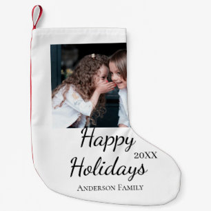 Happy Holiday Kinder Foto Moderne Geschenke Text Kleiner Weihnachtsstrumpf
