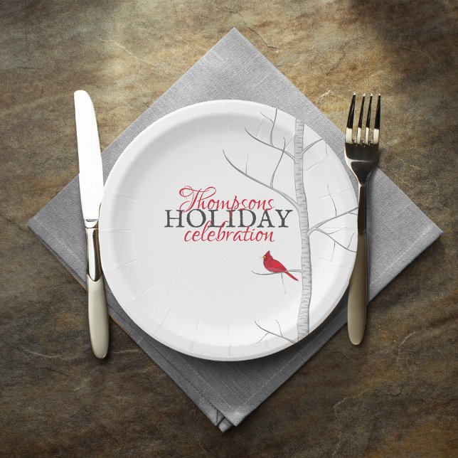 Happy Holiday Red Kardinal Personalisiert Pappteller (Red cardinal custom Happy Holidays paper plate. )