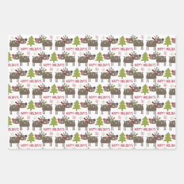Happy Holiday Schneeflocken niedliche Rentiere Wei Geschenkpapier Set