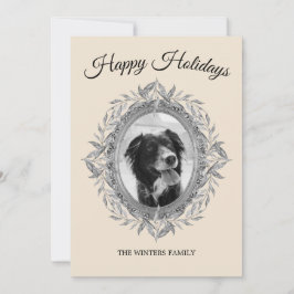 Happy Holiday Silver Gray Blätter Wreath Foto Feiertagskarte