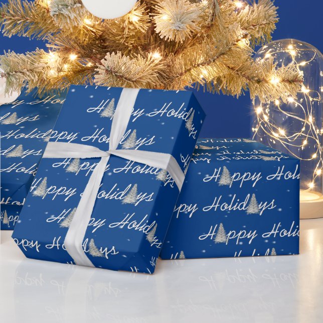 Happy Holiday Trees on Blue Geschenkpapier (Feiertage)