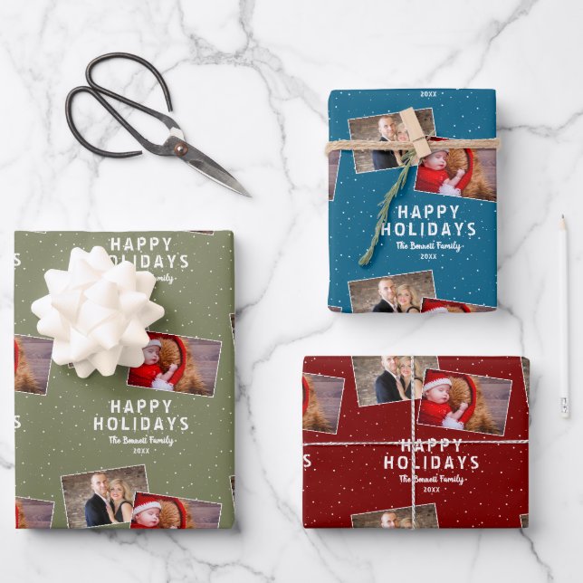 Happy Holidays 2 Foto Collage Snowflakes Geschenkpapier Set (Vorderseite)