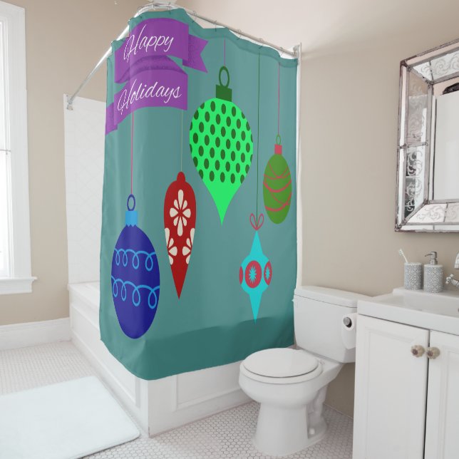 Happy Holidays and Hanging Ornaments Lila Banner Duschvorhang (Beispiel)