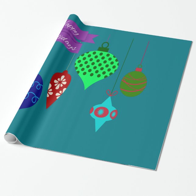 Happy Holidays and Hanging Ornaments Lila Banner Geschenkpapier (Ungerollt)