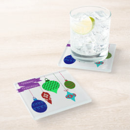 Happy Holidays and Hanging Ornaments Lila Banner Glasuntersetzer