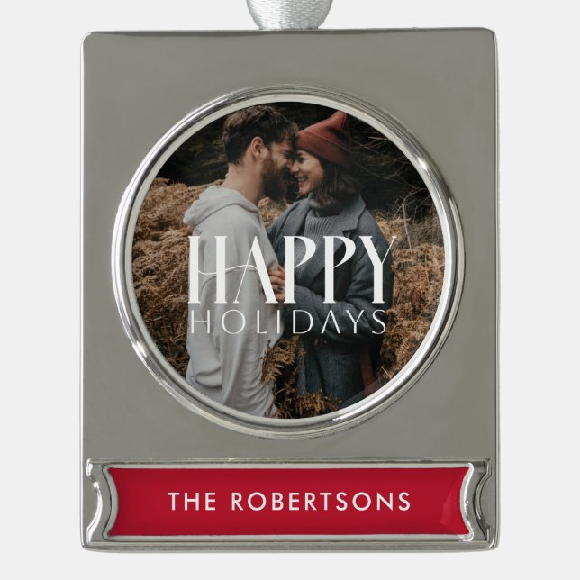 "Happy Holidays" Anpassbares Foto Banner-Ornament Silber (Vorderseite)
