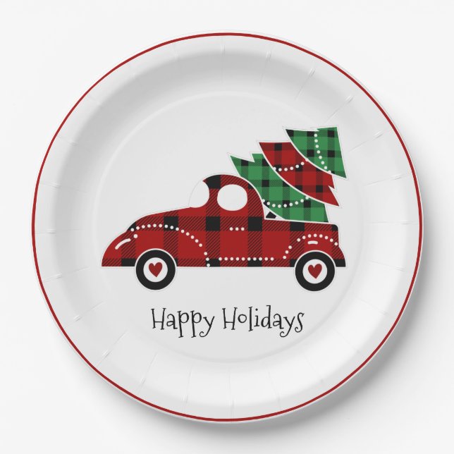 Happy Holidays Antique Red Truck Pappteller (Vorderseite)
