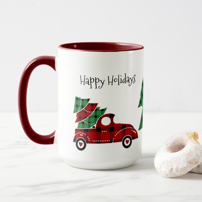 Happy Holidays Antique Red Truck Tasse Rot (Mit Donut)