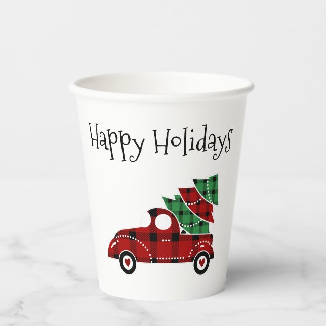 Happy Holidays Antique Red Truck Weihnachten Pappbecher (Vorderseite)