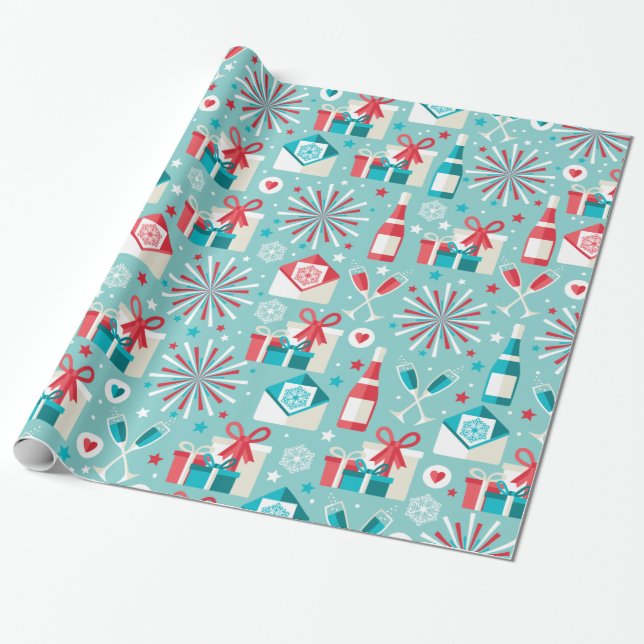 Happy Holidays Aquamarines Blau und Rotes Muster Geschenkpapier (Ungerollt)