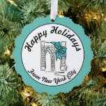 Happy Holidays aus New York City Brooklyn Bridge Ornament Karte<br><div class="desc">Design zeigt eine originelle Marker-Abbildung der Brooklyn Bridge,  "gekleidet" für den Urlaub mit einem blauen Bogen. Ideal für Weihnachten oder Hanukkah-Gaben! Sehen Sie nicht,  wonach Sie suchen? Brauchen Sie Hilfe bei der Anpassung? Kontaktieren Sie Rebecca,  um etwas für Sie entworfen zu haben.</div>
