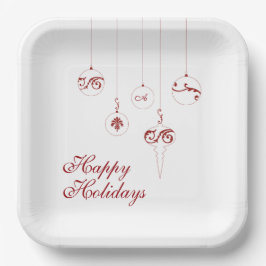 Happy Holidays Berry Red Monogram Bauble Square Pappteller