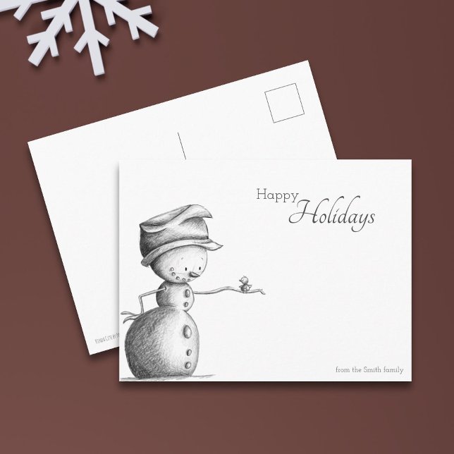 Happy Holidays Black and White Snowman with Bird Postkarte (Von Creator hochgeladen)