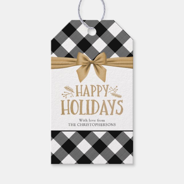 HAPPY HOLIDAYS Black Buffalo Kariert Gold Bow Geschenkanhänger (Vorderseite)