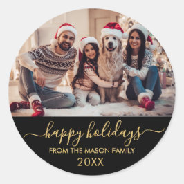 Happy Holidays Black Gold Script Family Foto Runder Aufkleber