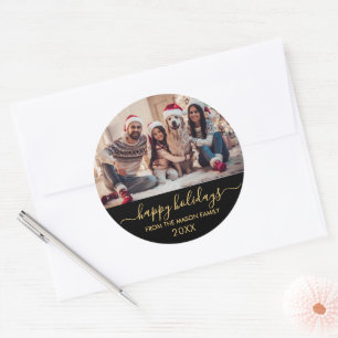 Happy Holidays Black Gold Script Family Foto Runder Aufkleber