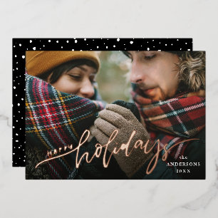 Happy Holidays Black Rose Gold Script Foto Folien Feiertagskarte