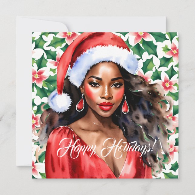 Happy Holidays Black Woman Weihnachtsmannmütze Feiertagskarte (Vorderseite)