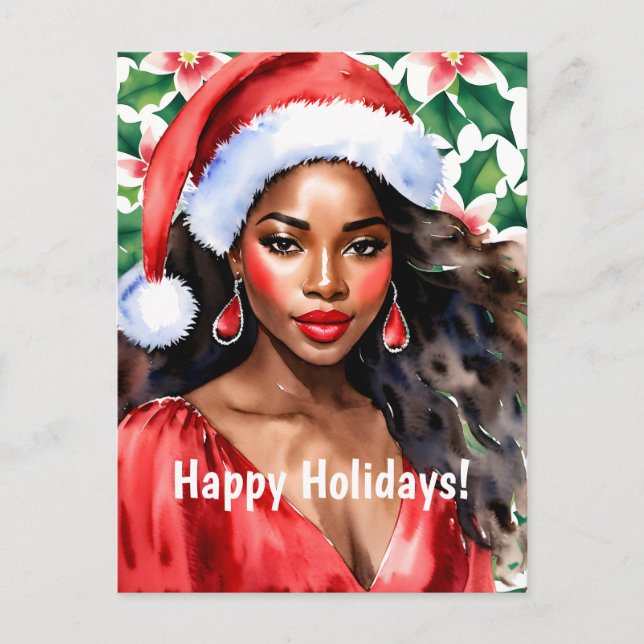 Happy Holidays Black Woman Weihnachtsmannmütze Feiertagspostkarte (Vorderseite)