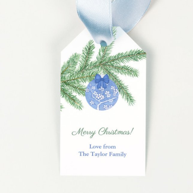Happy Holidays Blue and White Ornament Weihnachten Geschenkanhänger (Elegant blue and white chinoiserie ornament merry christmas gift tags)