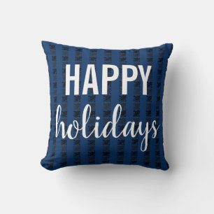 Happy Holidays Blue Black Checkered Kissen
