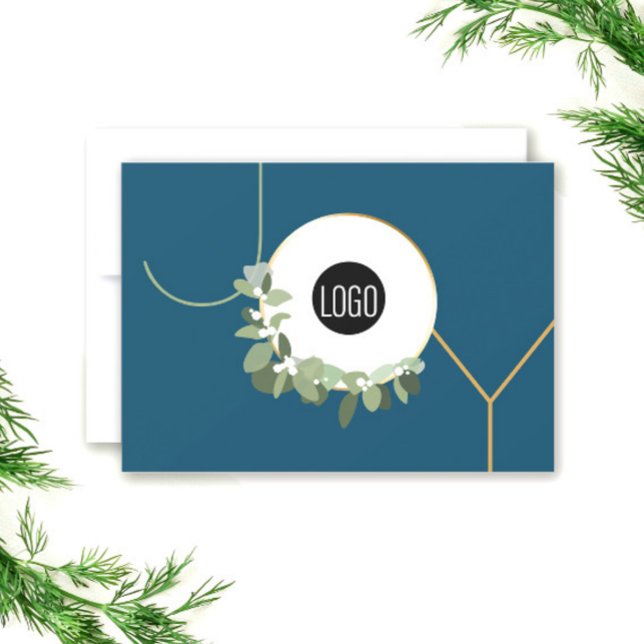 Happy Holidays Blue Joy Feiertagskarte (Blue Modern wreath custom logo JOY corporate cards.)