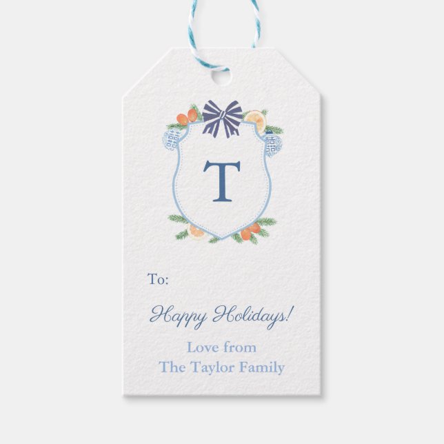 Happy Holidays Blue & White Citrus Monogram Wappen Geschenkanhänger (Vorderseite)