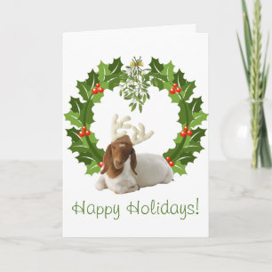 Happy Holidays Boer Goat in Wreath Feiertagskarte