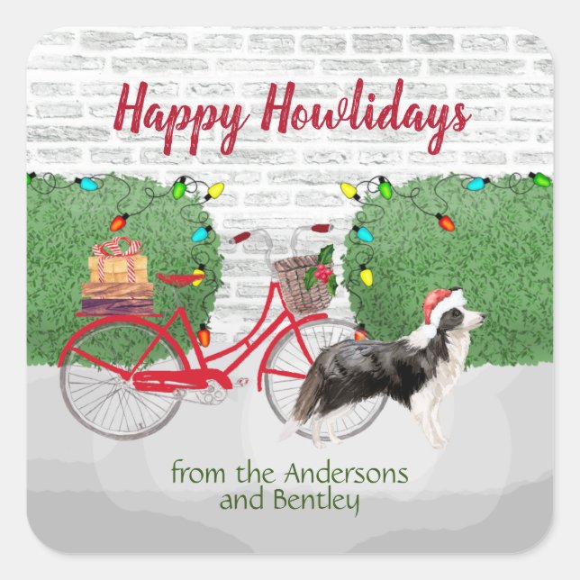 Happy Holidays Border Collie Red Bicycle  Quadratischer Aufkleber (Vorderseite)