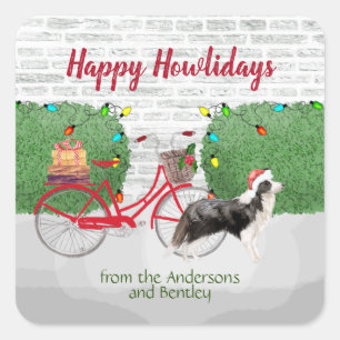 Happy Holidays Border Collie Red Bicycle  Quadratischer Aufkleber