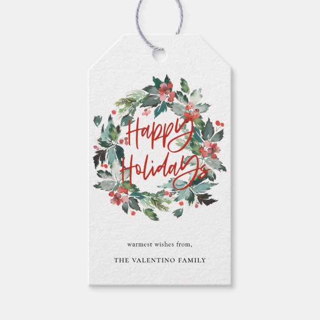 Happy Holidays Botanical Berry Wreath Weihnachten Geschenkanhänger (Vorderseite)