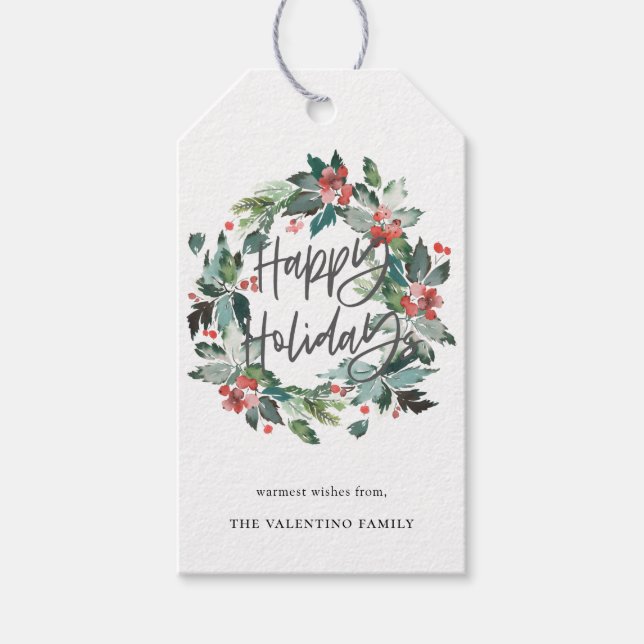 Happy Holidays Botanical Berry Wreath Weihnachten Geschenkanhänger (Vorderseite)