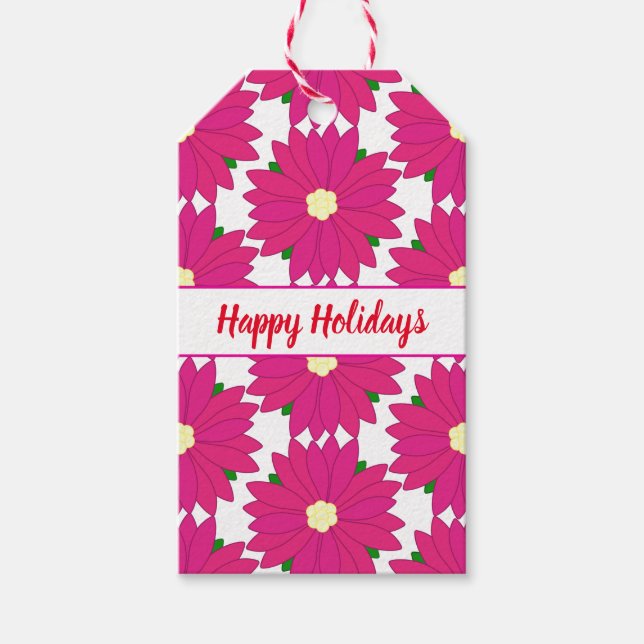 Happy Holidays Bright Pink Poinsettia Print Geschenkanhänger (Vorderseite)