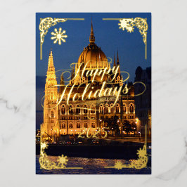 Happy Holidays Budapest Nachtzeit Gold Folien Feiertagskarte