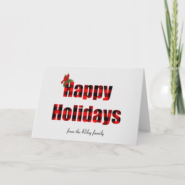 Happy Holidays Büffel kariert und Kardinal Karte (Vorderseite)