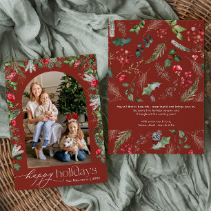Happy Holidays Burgundy Roter Winter Botanischer B Feiertagskarte