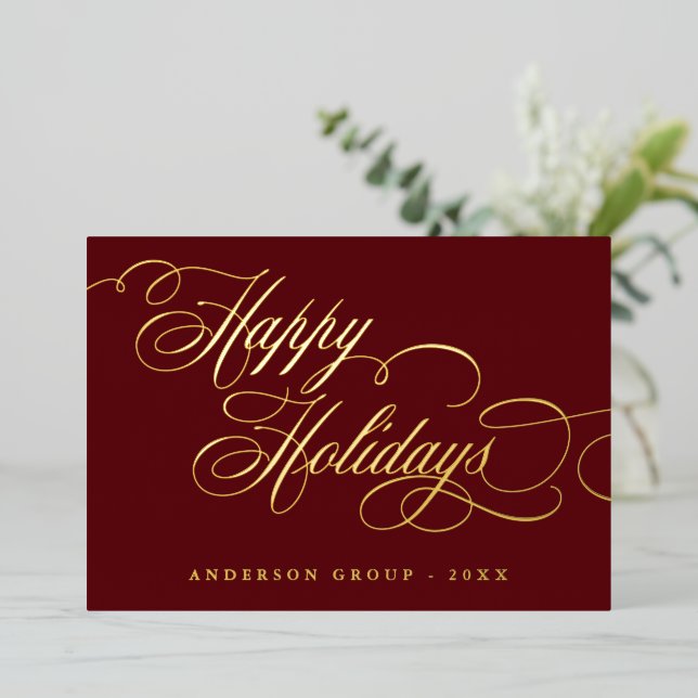 Happy Holidays Calligrafy Corporate Gruß Folieneinladung (Stehend vorne)