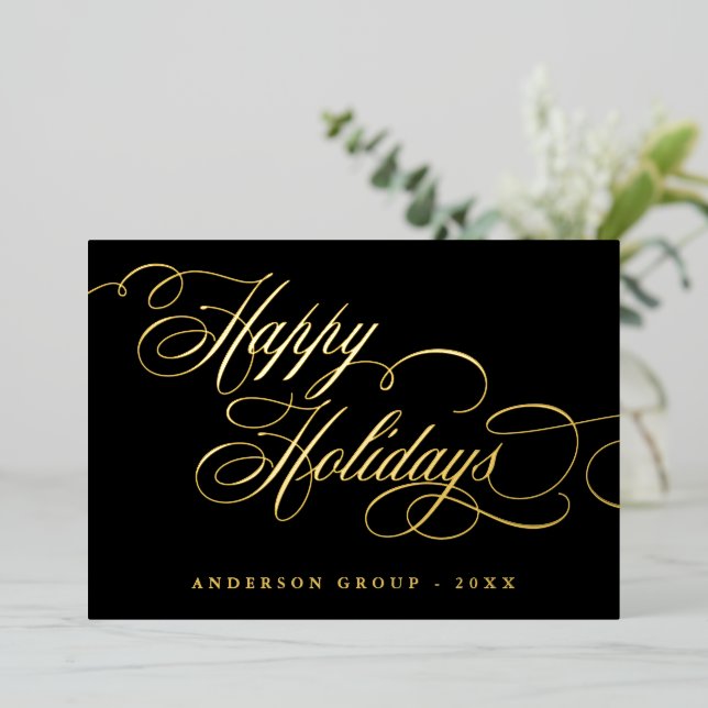 Happy Holidays Calligrafy Corporate Gruß Folieneinladung (Stehend vorne)
