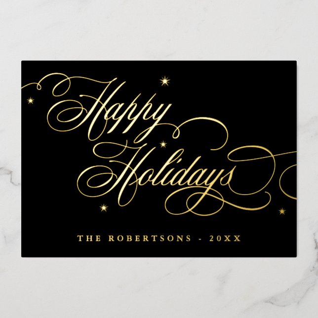 Happy Holidays Calligraphy Foto Familienname-Karte Folieneinladung (Vorderseite)