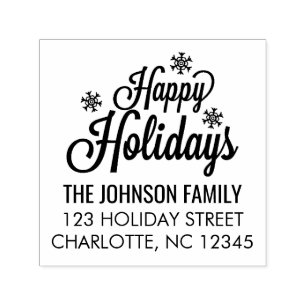 Happy Holidays Calligraphy Snowflakes Familienname Permastempel