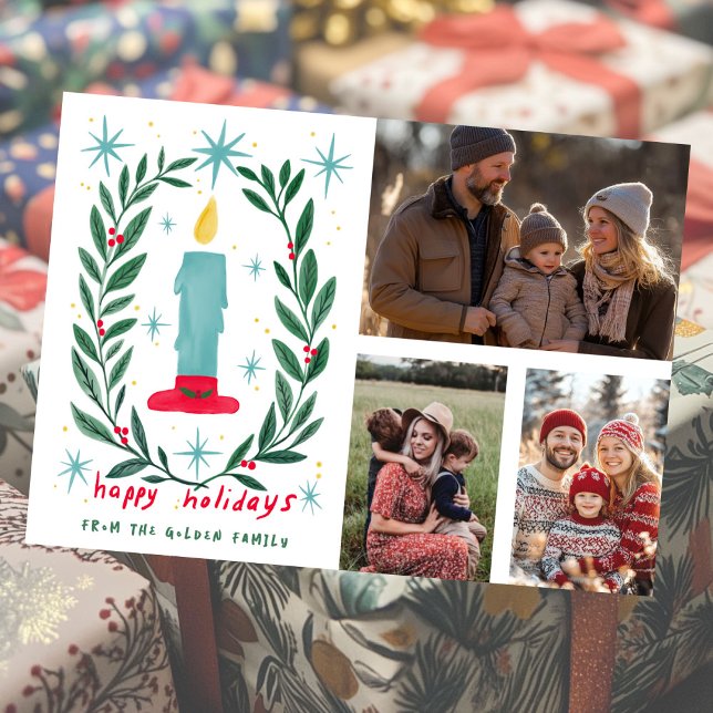 Happy Holidays Candle Hand Drawn CUSTOM 3 FOTOS Karte (Happy Holidays Candle Hand Drawn CUSTOM PHOTOS Card
)