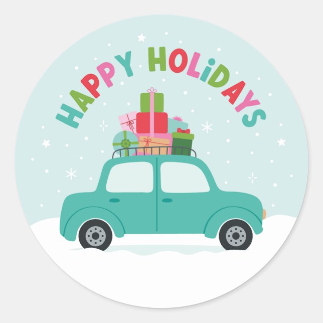 Happy Holidays Car with Gifts in Aqua Blue Runder Aufkleber (Vorderseite)